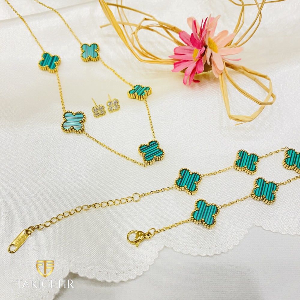 Altın Kaplama Yonca Gold Yeşil Set