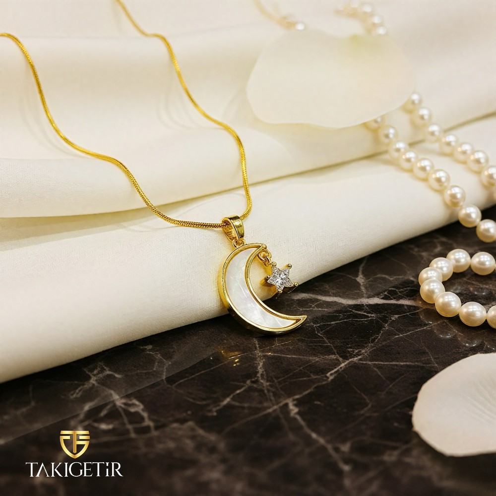 Sedefli Ay Yıldız Kolye