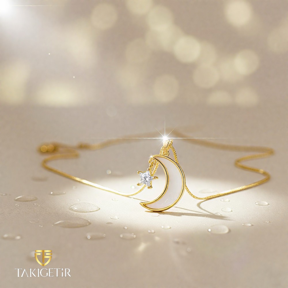 Sedefli Ay Yıldız Kolye