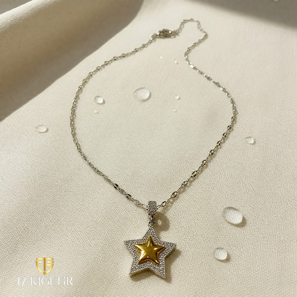 İkili Yıldız Kontrast Kolye