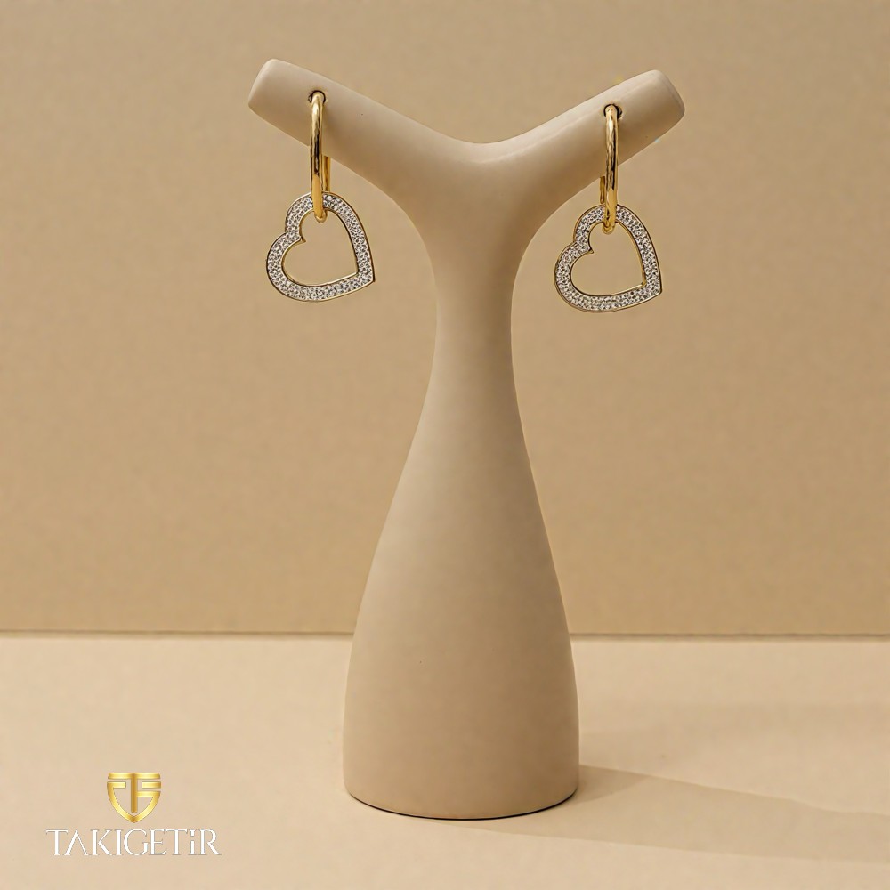 Zirkon Çerçeveli Kalp Küpe