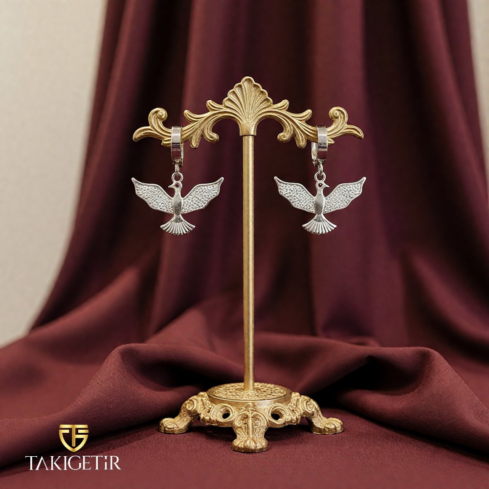 İşlemeli Rodyum Anka Küpe