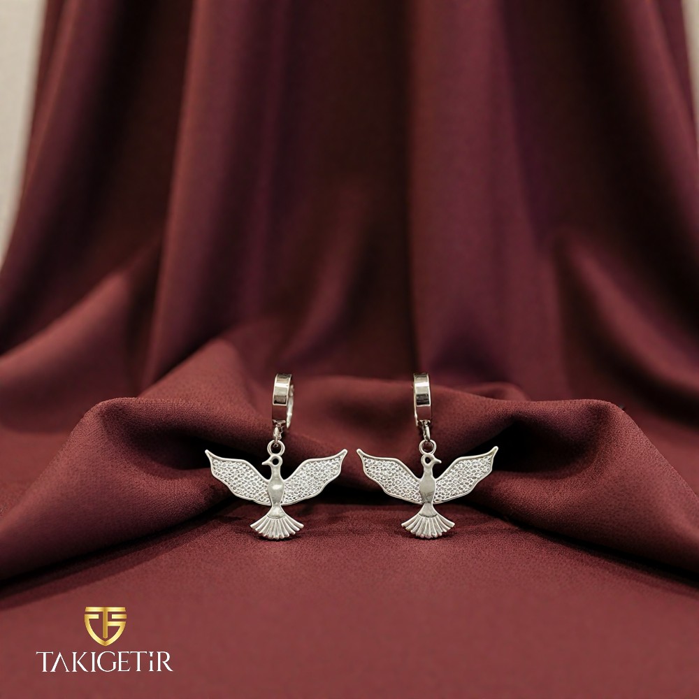 İşlemeli Rodyum Anka Küpe