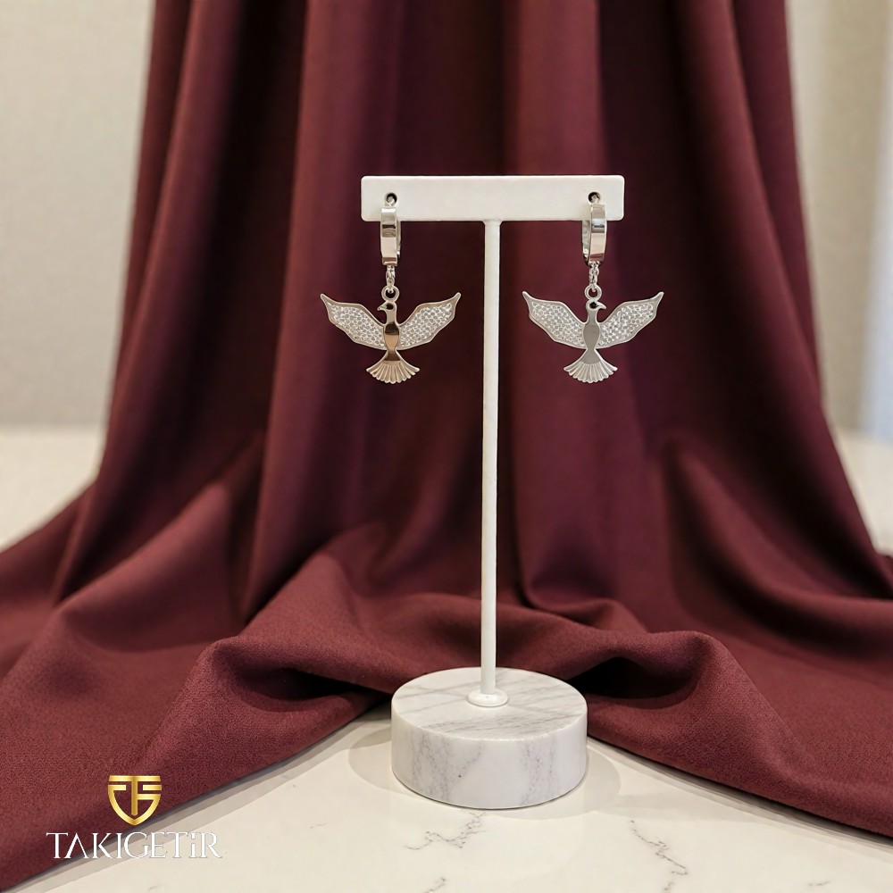 İşlemeli Rodyum Anka Küpe